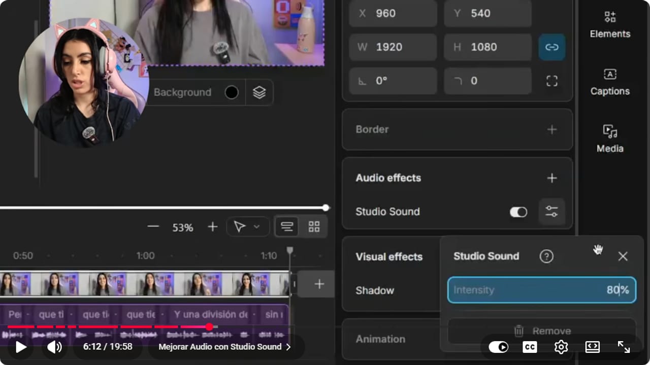 Descript Properties panel with Studio Sound on and Intensity set to 80%
