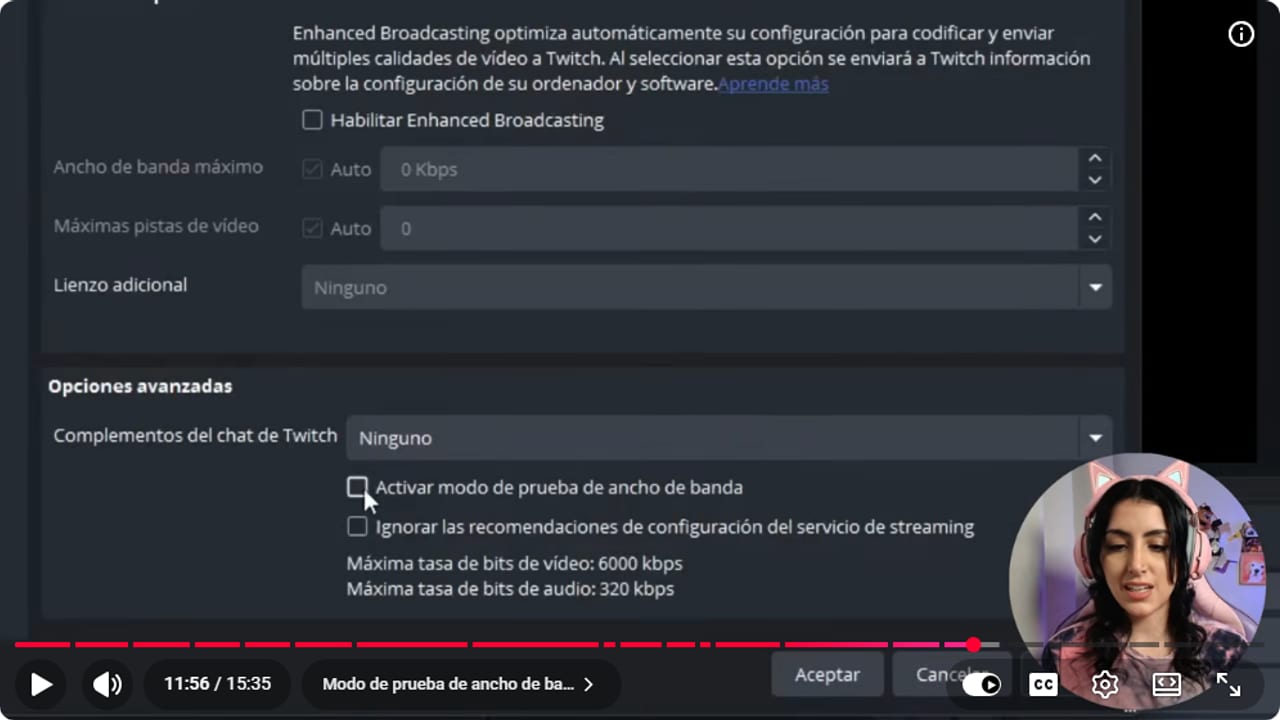 OBS Stream settings showing the Enable Bandwidth Test Mode box under the advanced options