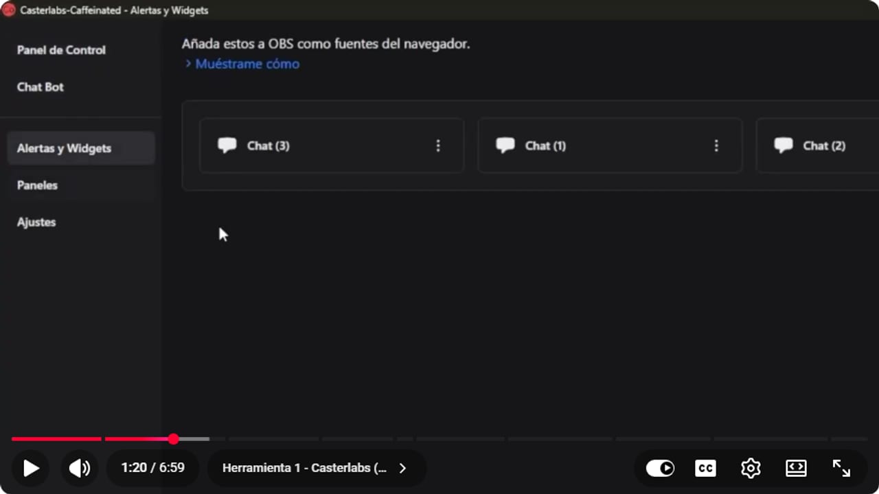 Ventana de Casterlabs Caffeinated en Alertas y Widgets con tres widgets de chat y su menú de tres puntos