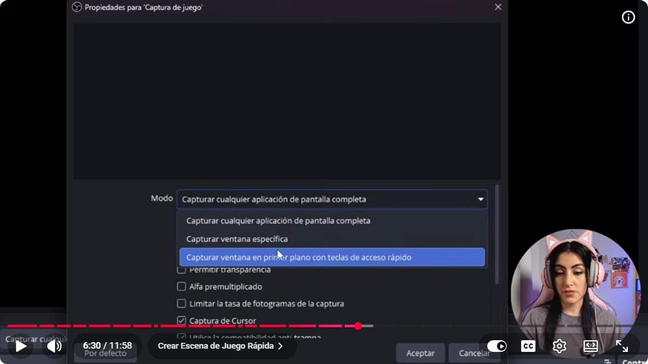 OBS con una captura de juego preparada para Kick