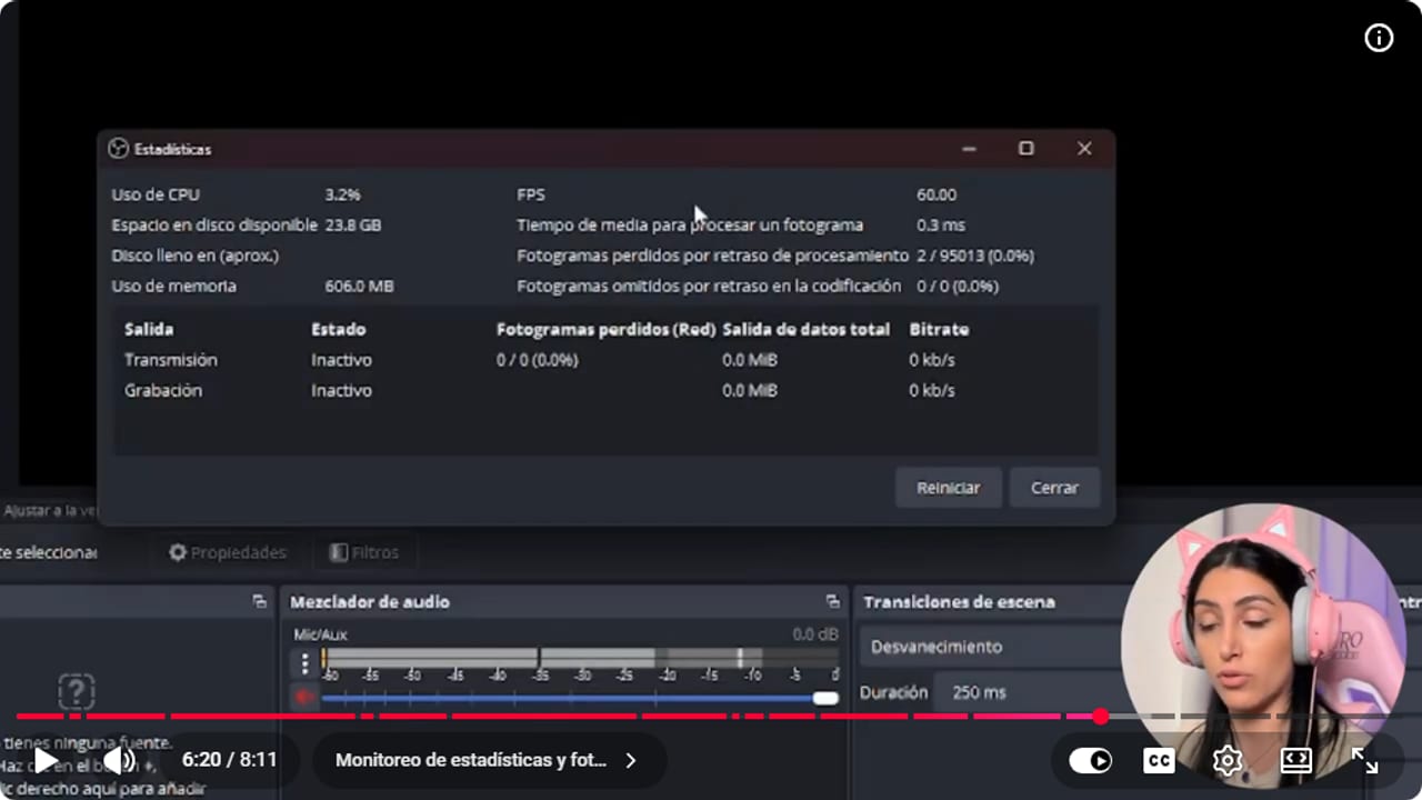 Estadísticas de OBS durante una prueba multistream