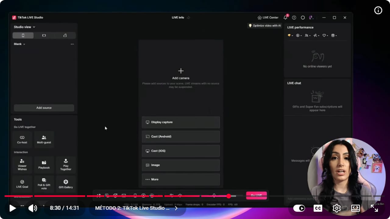 Panel de TikTok Live Studio con cámara virtual