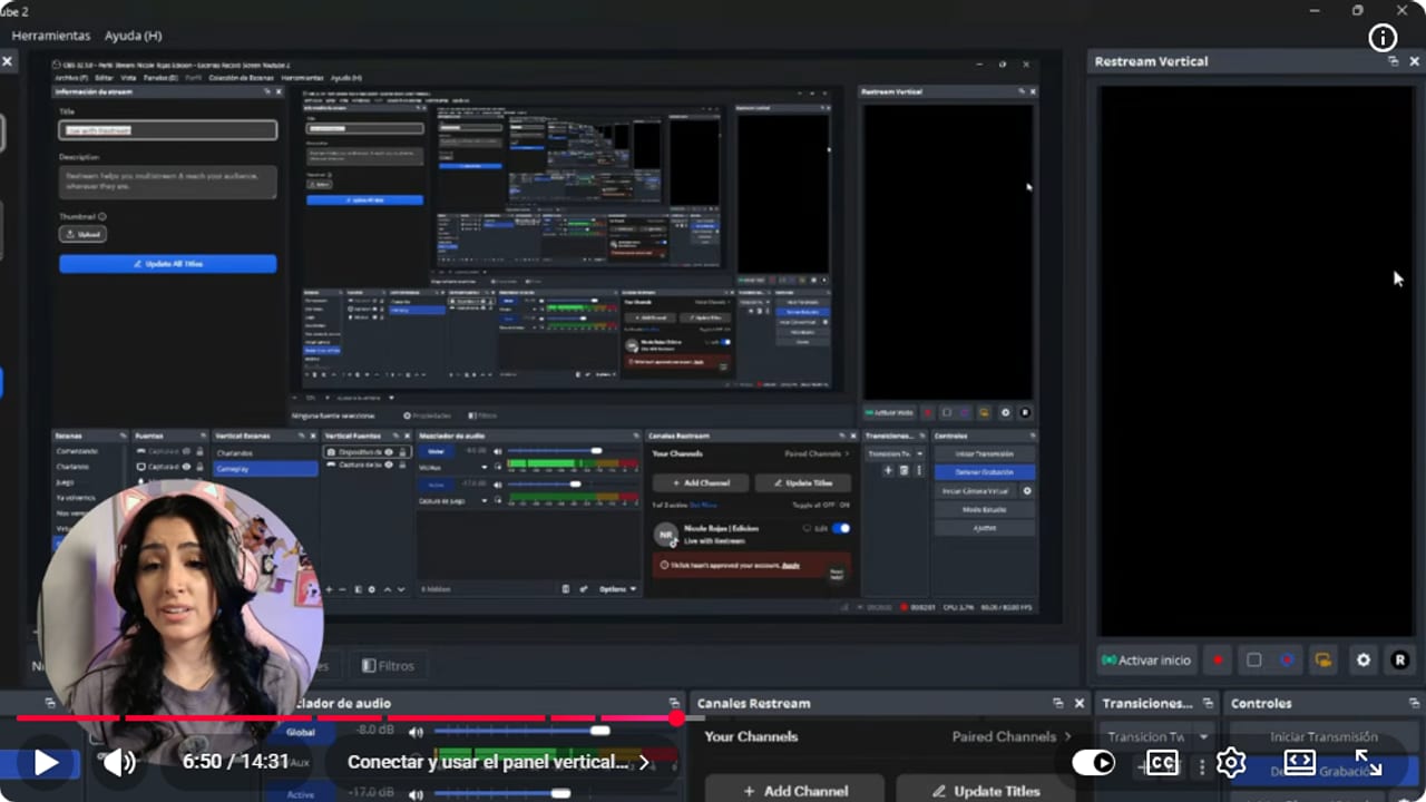 Panel Restream Vertical dentro de OBS con canales y escenas