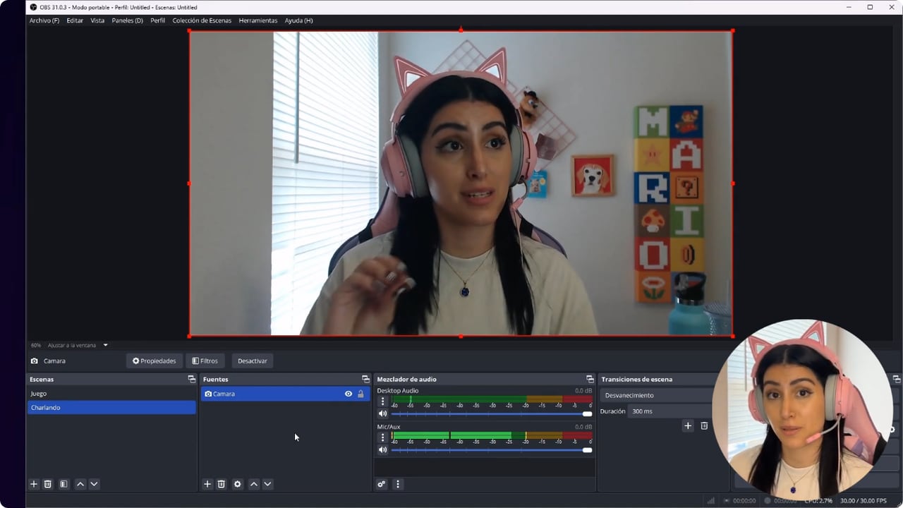 Mezclador de OBS con fuentes de cámara y audio en la escena