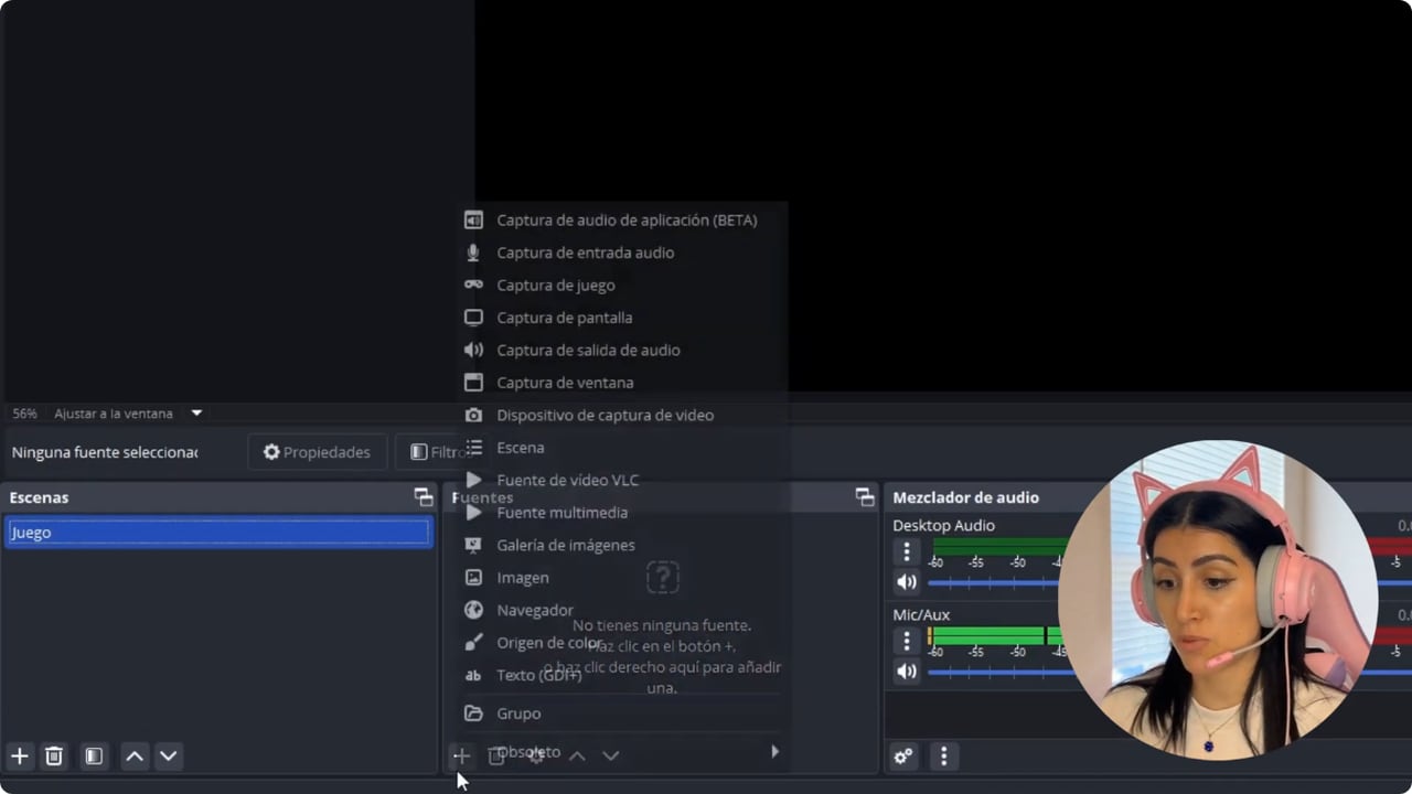 Menú de fuentes de OBS con la opción Captura de juego visible
