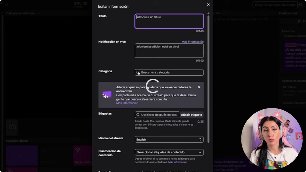Campos Editar información del stream dentro de Twitch